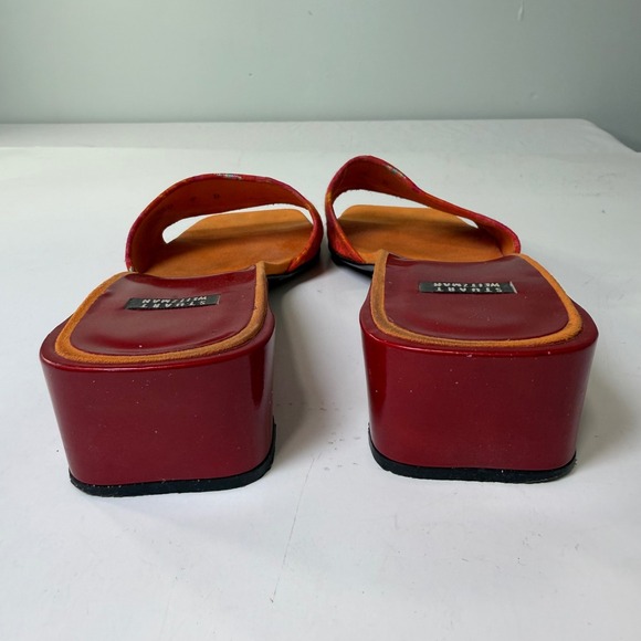 Stuart Weitzman Vintage Square Toe Slide Sandals Red Patent Block Heel Womens 9B - Picture 3 of 8